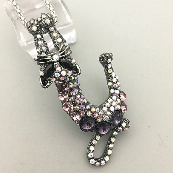 AB Purple Crystal Kitten Cat Pendant Long Necklace/Brooch NWOT - Picture 2 of 3